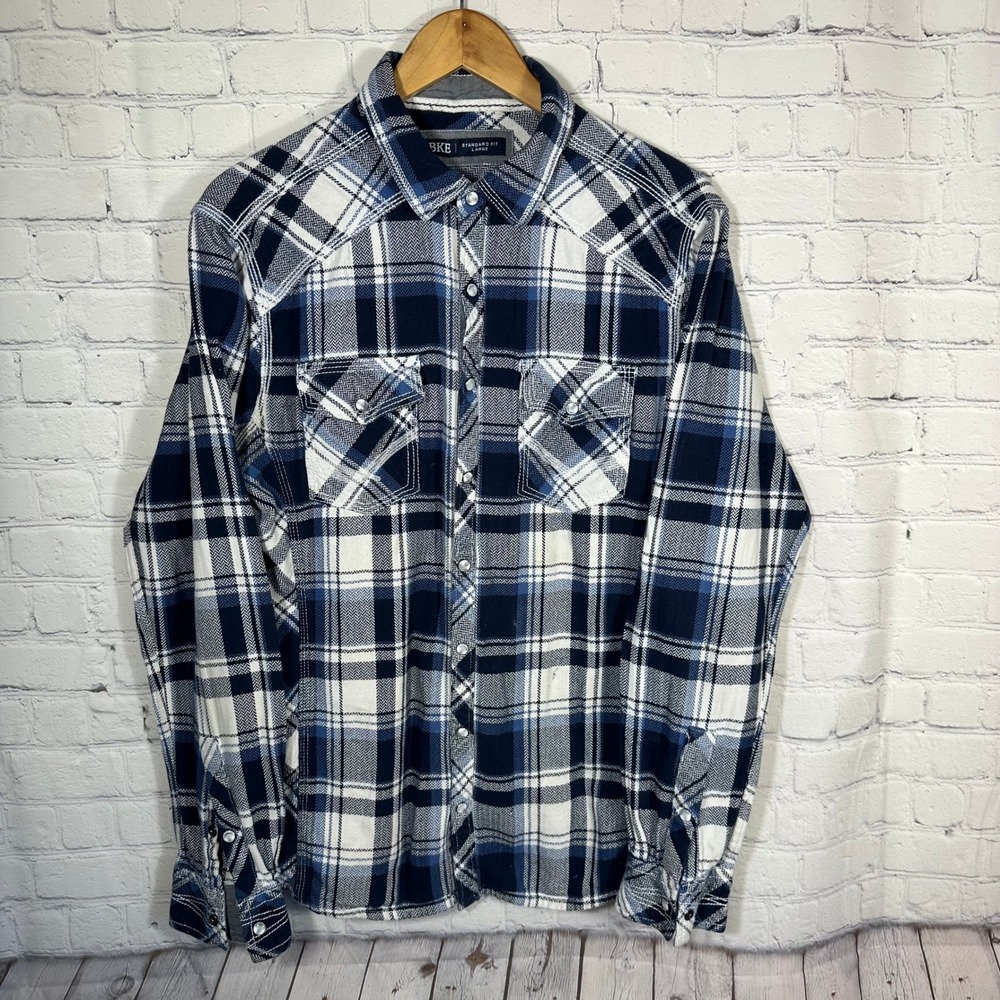 BKE Mens Blue White Plaid Pearl Snap Flannel Western Shirt Large Country Buckle